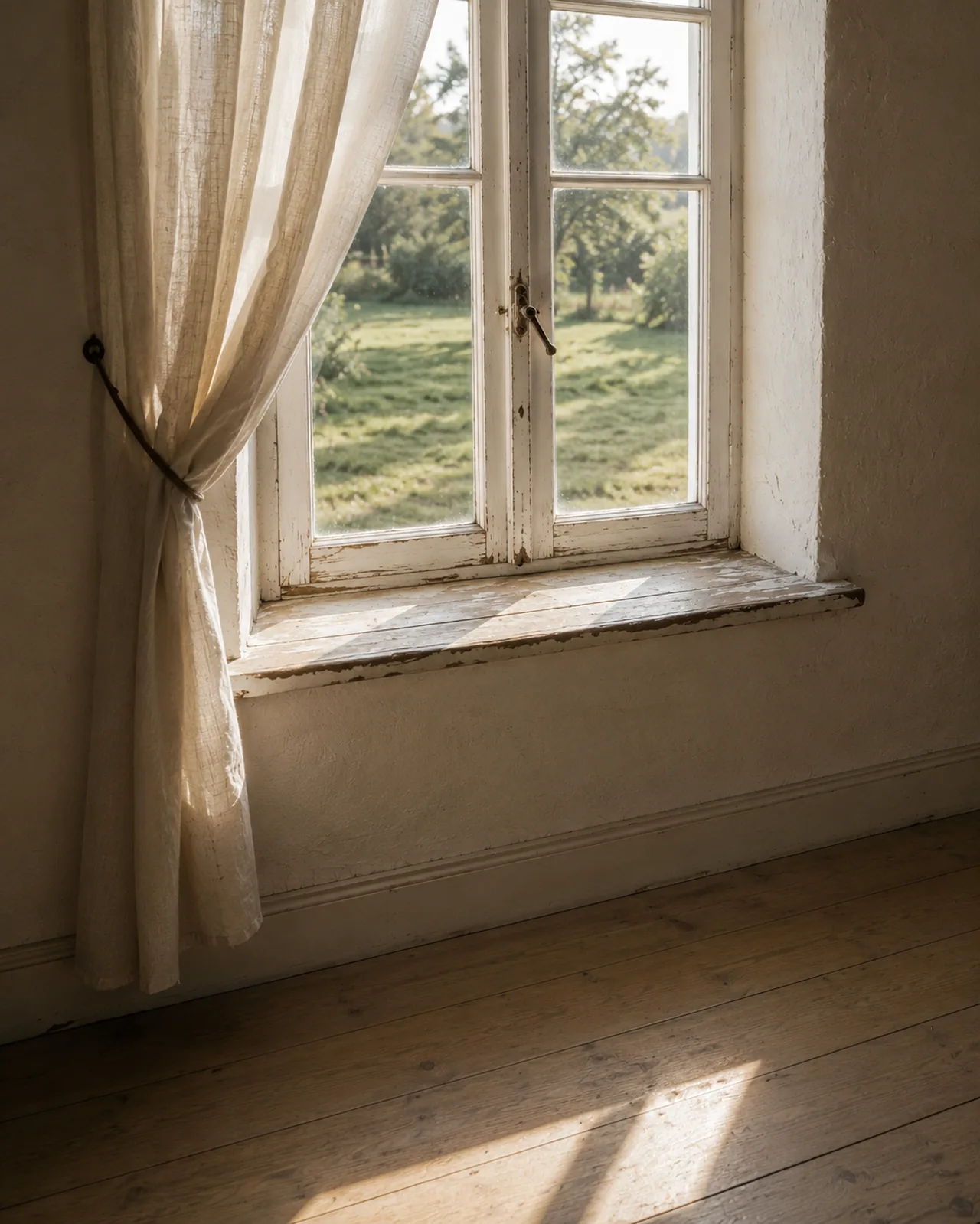 Fensterbank mit zur Seite geschobener Leinengardine im Landhausstil