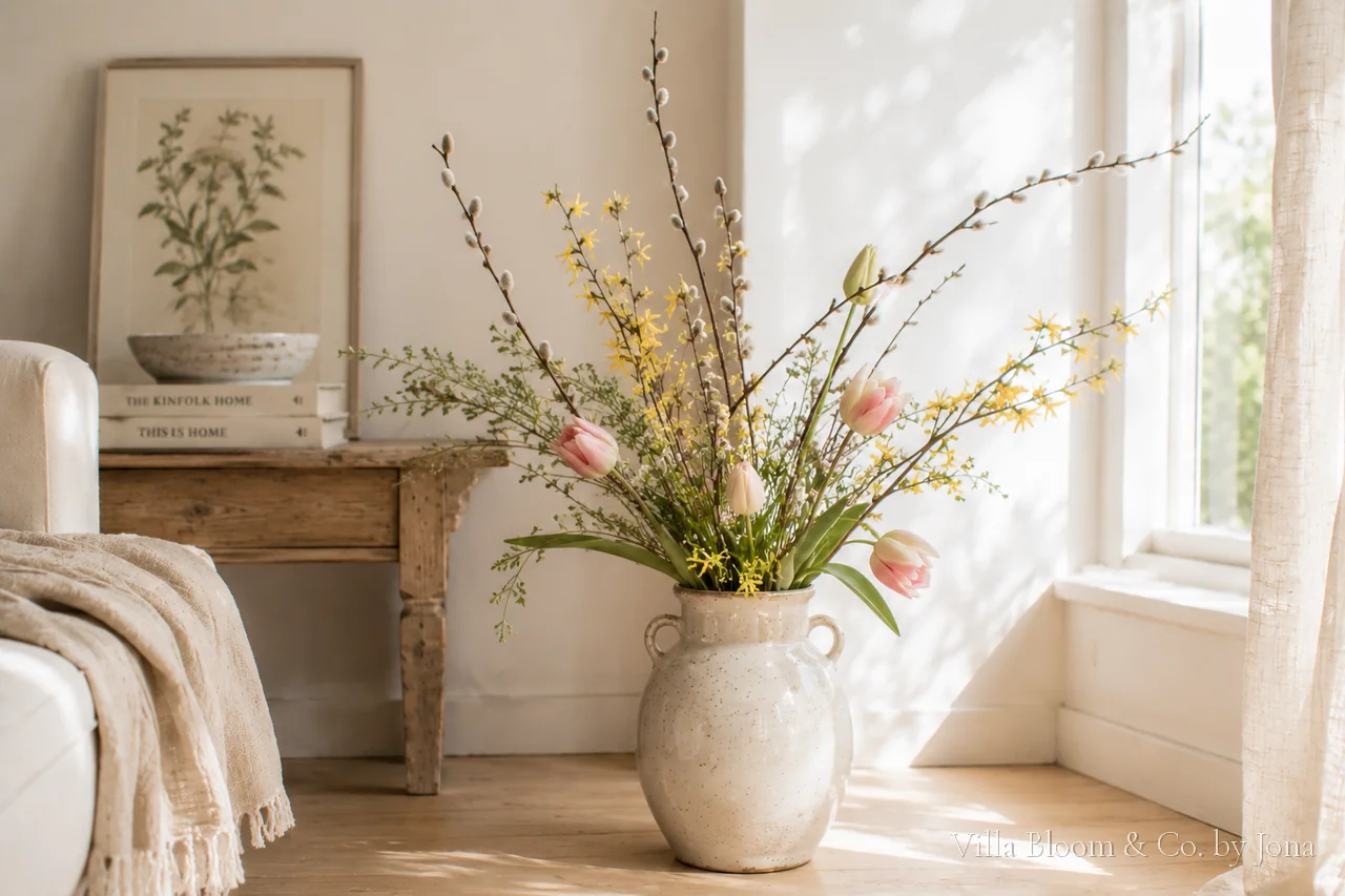 Weidenkätzchen, Tulpen und Forsythie in einer Keramikvase am Fenster