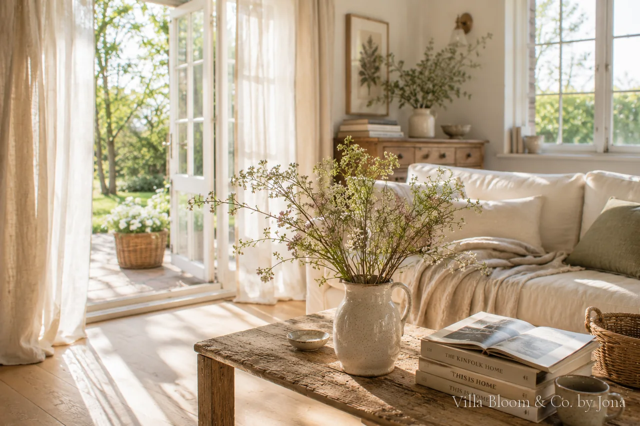 Helles Wohnzimmer im Landhausstil mit Frühlingsblüten in der Keramikkanne und Leinentextilien