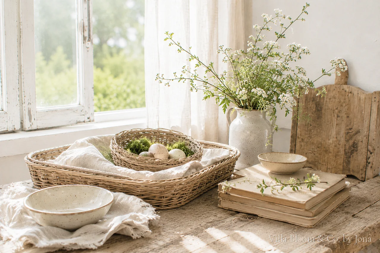 Osterdeko im Landhausstil: Eier im Nest, Körbe und Frühlingszweige am Fenster