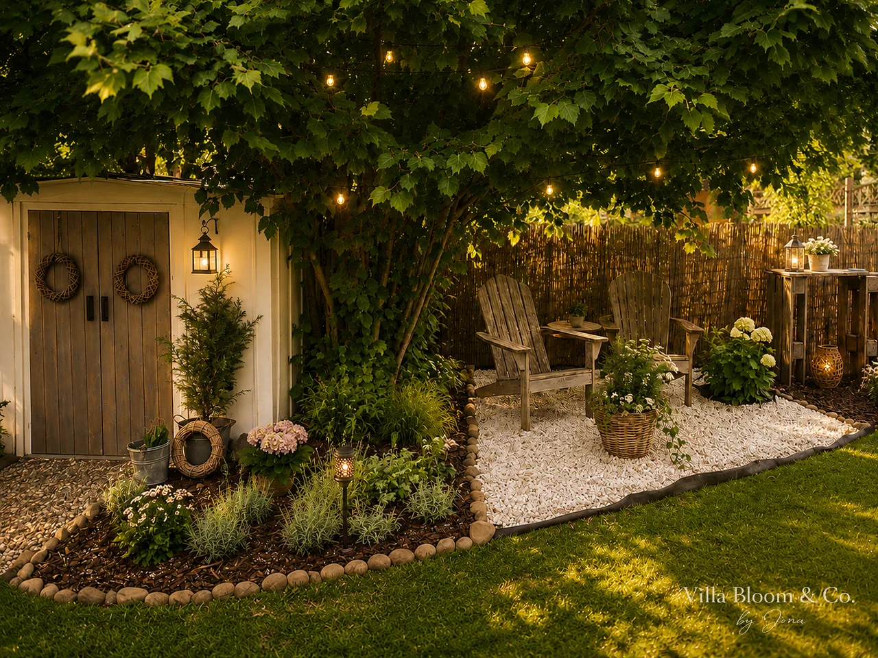 Cosy garden corner with Adirondack chairs and fairy lights in the evening