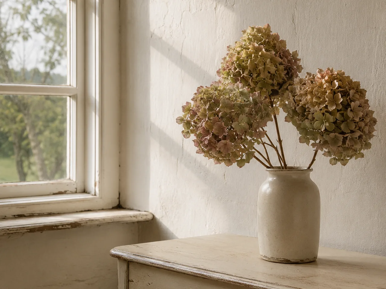 Getrocknete Hortensien in Altrosa und Grün in heller Vase auf einer Kommode