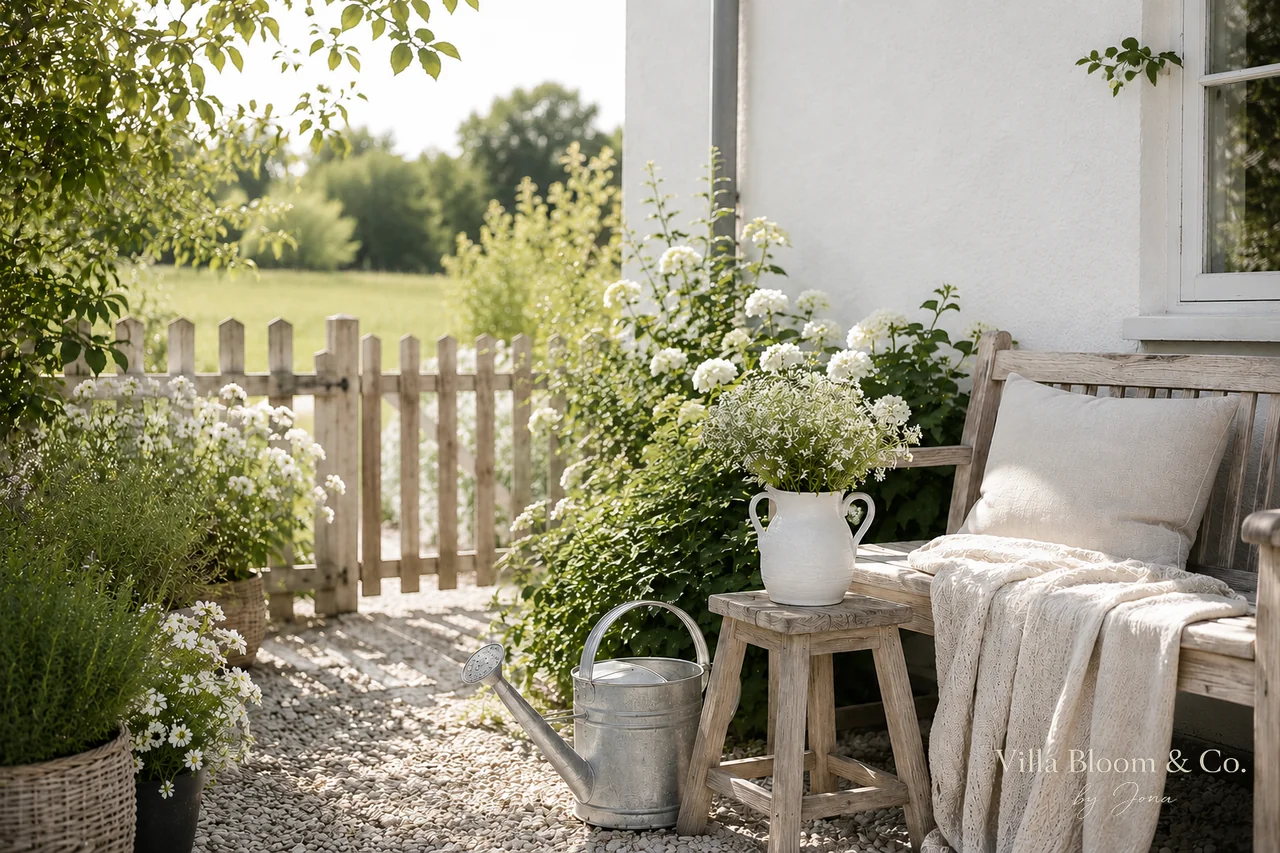 Romantic country garden with white bench, hydrangeas and zinc watering can