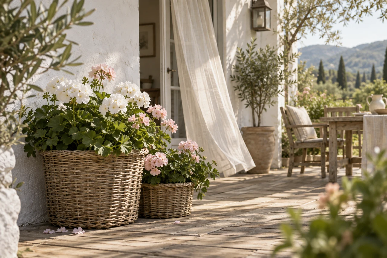 Weiß und rosa blühende Geranien in Rattan-Übertöpfen auf einer sonnigen Terrasse im Landhausstil