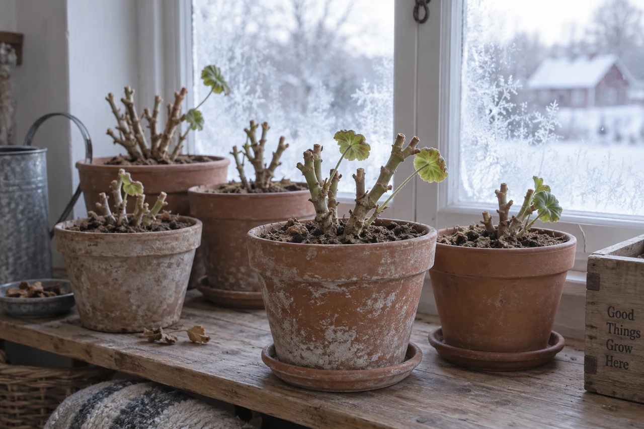 Auf zehn Zentimeter zurückgeschnittene Geranien im hellen, kühlen Winterquartier am Fenster