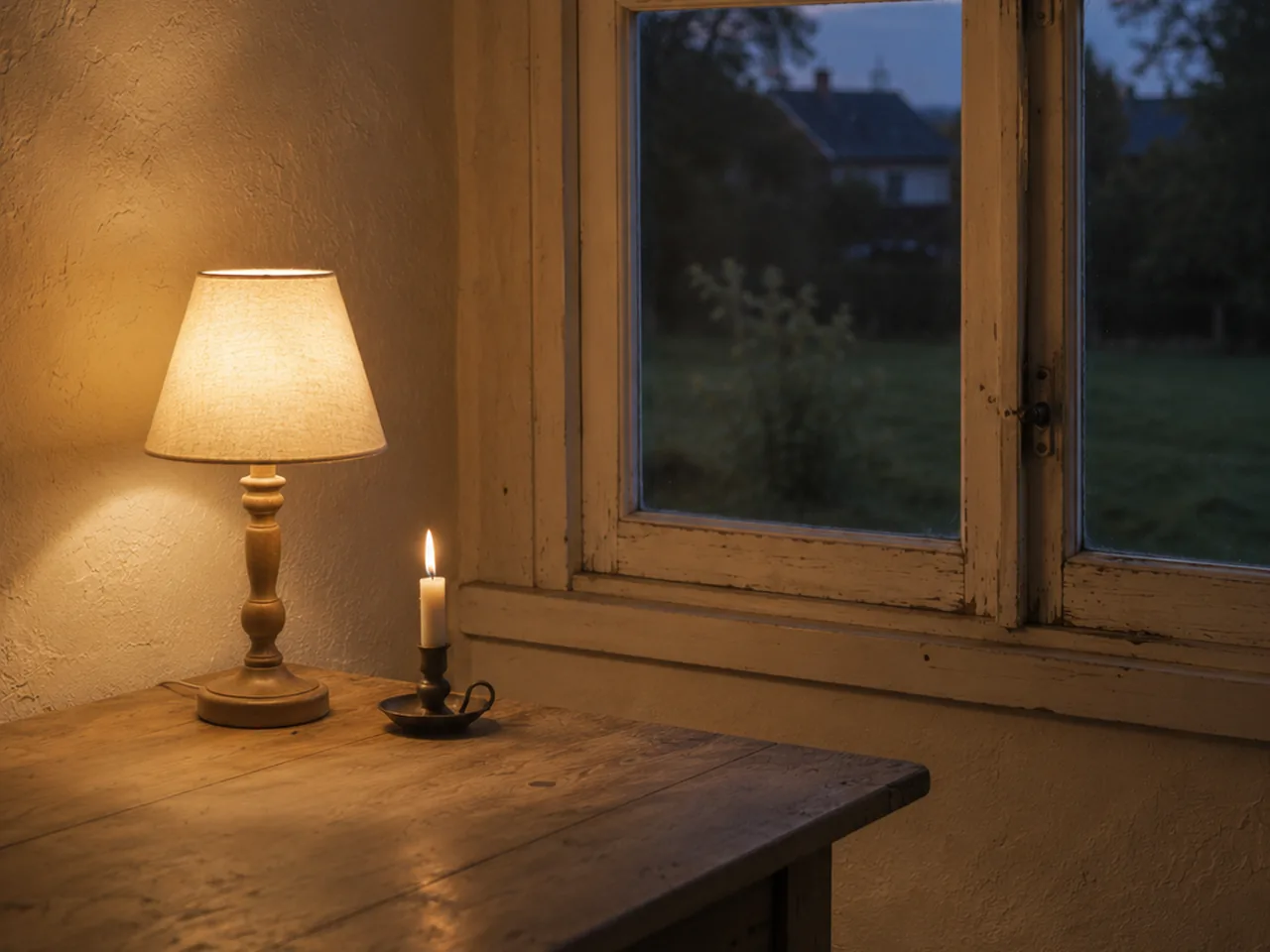 Kleine Tischlampe und Kerze am frühen Septemberabend vor dämmrigem Fenster