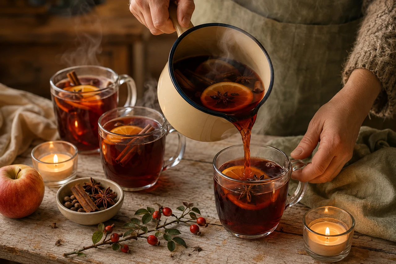Heißer Apfel-Holunder-Punsch wird aus einem Emailletopf in ein Glas gegossen, mit Orangenscheibe, Zimt und Sternanis, daneben Kerzen und ein Hagebuttenzweig