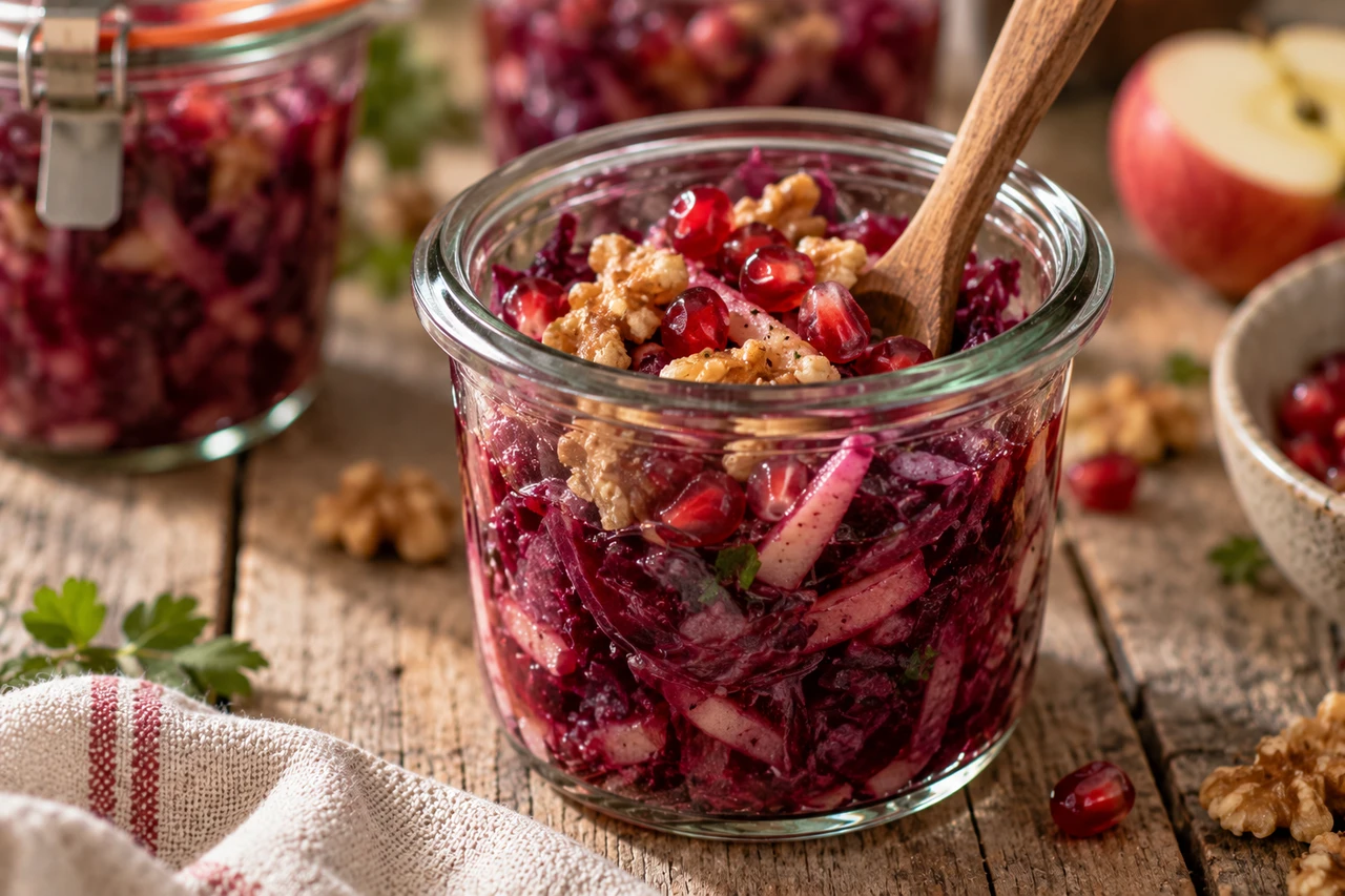 Weckglas mit Rotkohl-Apfel-Slaw, Walnüsse und Granatapfelkerne obenauf, Holzlöffel im Glas, ein halbierter Apfel daneben