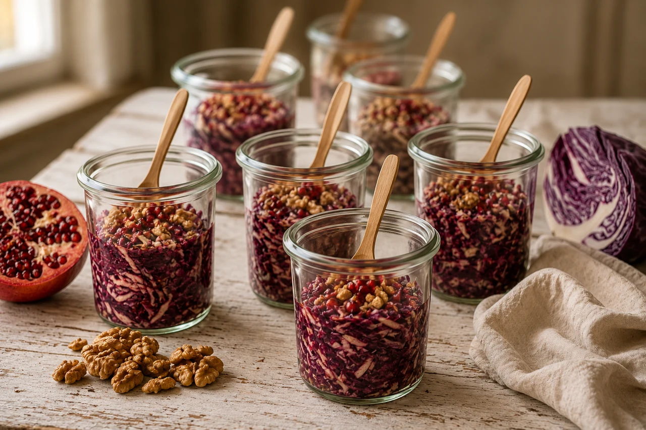 Kleine Weckgläser mit Rotkohl-Apfel-Slaw, jedes zu zwei Dritteln gefüllt, Walnüsse und Granatapfelkerne obenauf, in jedem ein kurzer Holzlöffel, daneben ein halbierter Granatapfel und Walnusskerne