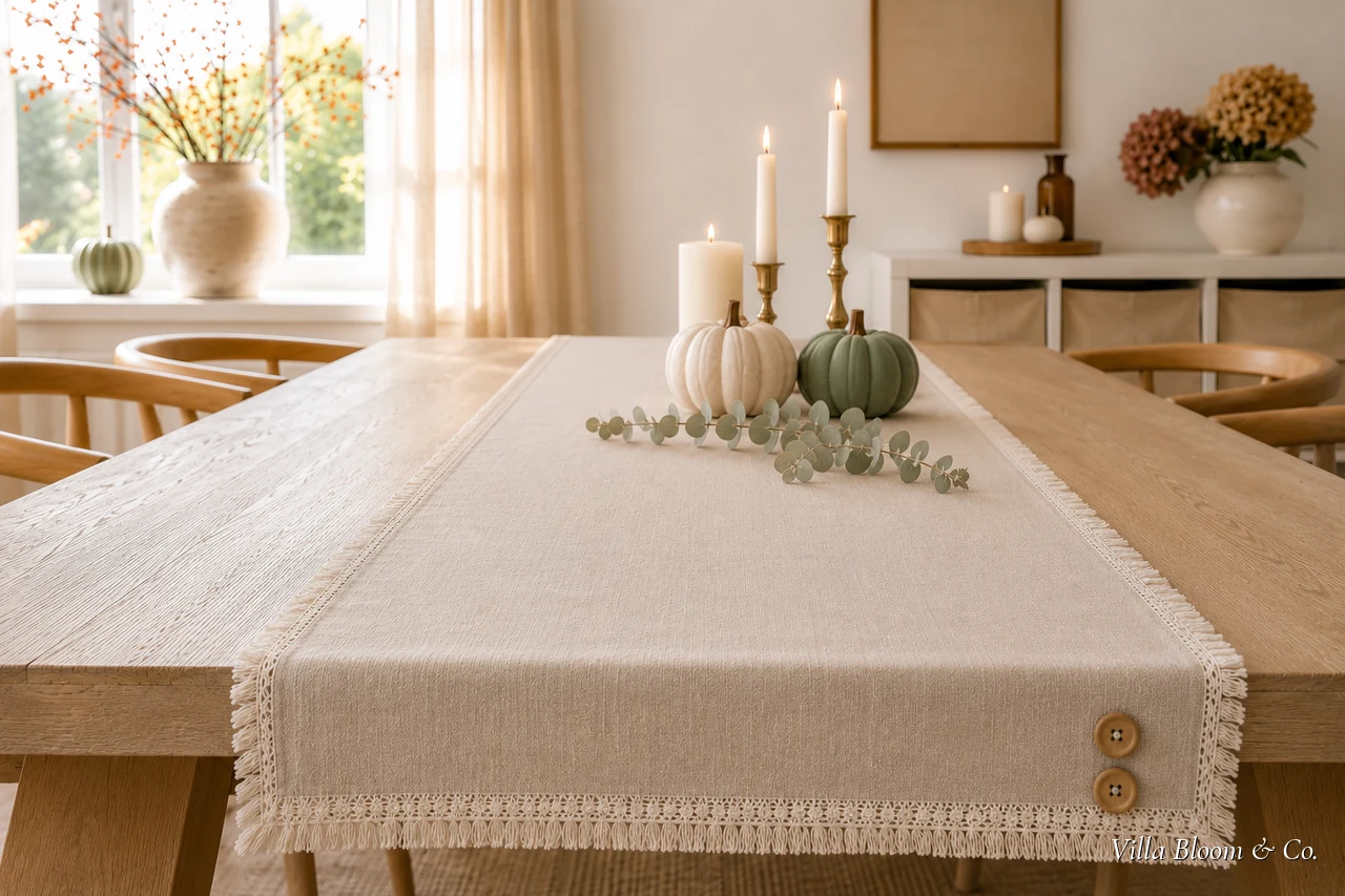 Selbst genähter Herbst-Tischläufer aus Leinen auf einem Esstisch im Landhausstil