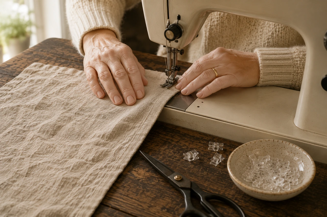 Der gefaltete Saum des Leinenläufers liegt unter dem Nähfuß einer cremefarbenen Vintage-Nähmaschine