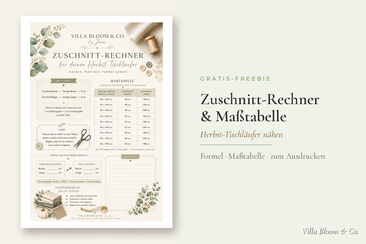 Gratis Zuschnitt-Rechner und Maßtabelle für einen Herbst-Tischläufer zum Ausdrucken