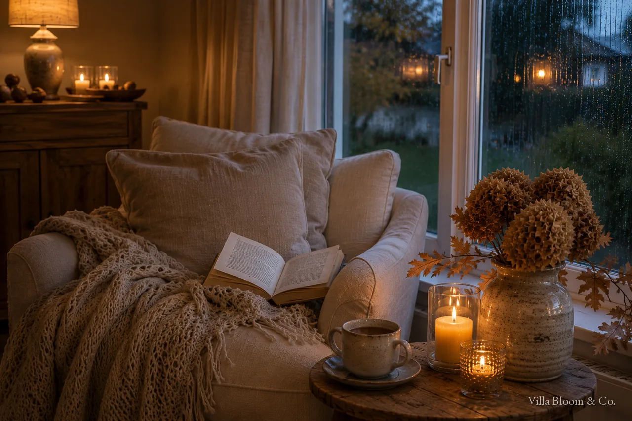 Reading chair with a wool blanket, a cup of tea and candles on a rainy autumn evening in country-house style