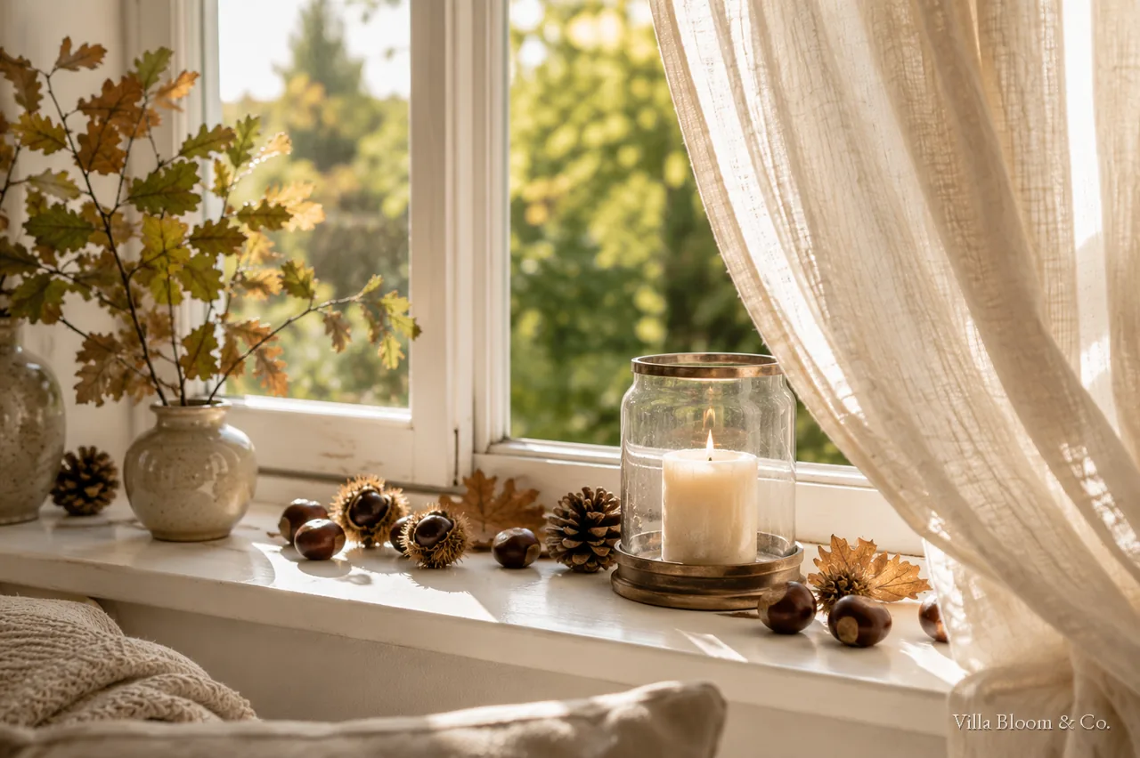 Fensterbank im Landhausstil mit herbstlichem Licht, Zweigen und Naturmaterialien