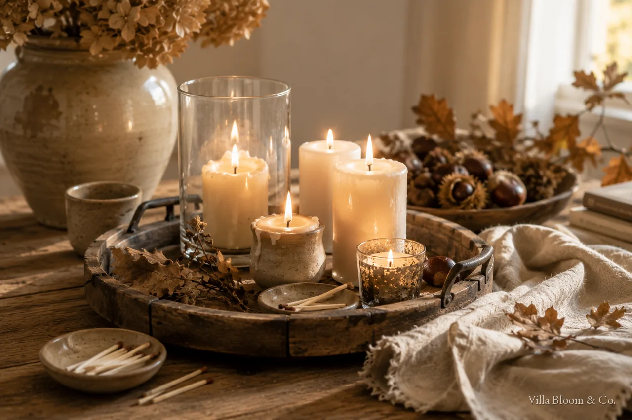 Tablett mit mehreren Kerzen und Streichhölzern als gemütliche Herbstdeko