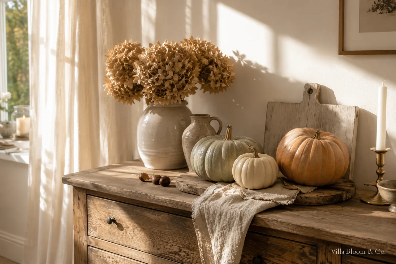 Verschiedene Zierkürbisse auf einem Sideboard im Landhausstil dekoriert