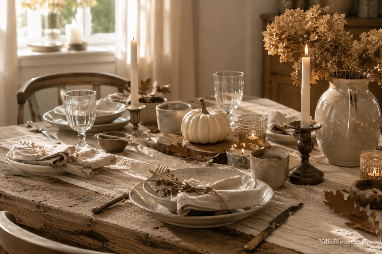 Herbstliche Tischdeko mit Leinenläufer, Kerzen und kleinem Kürbis