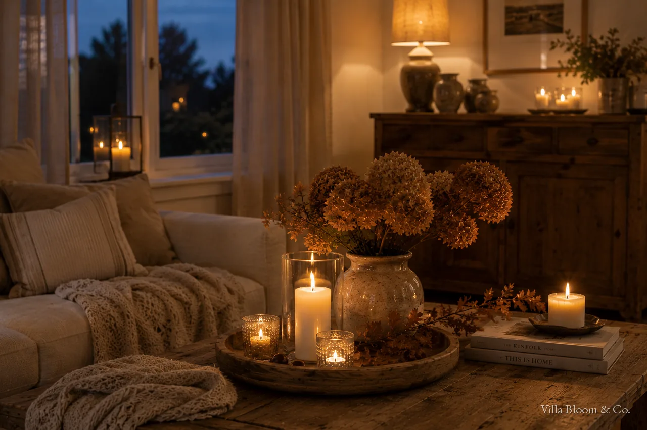 Wohnzimmer im Landhausstil in warmer Abendstimmung mit Kerzenlicht