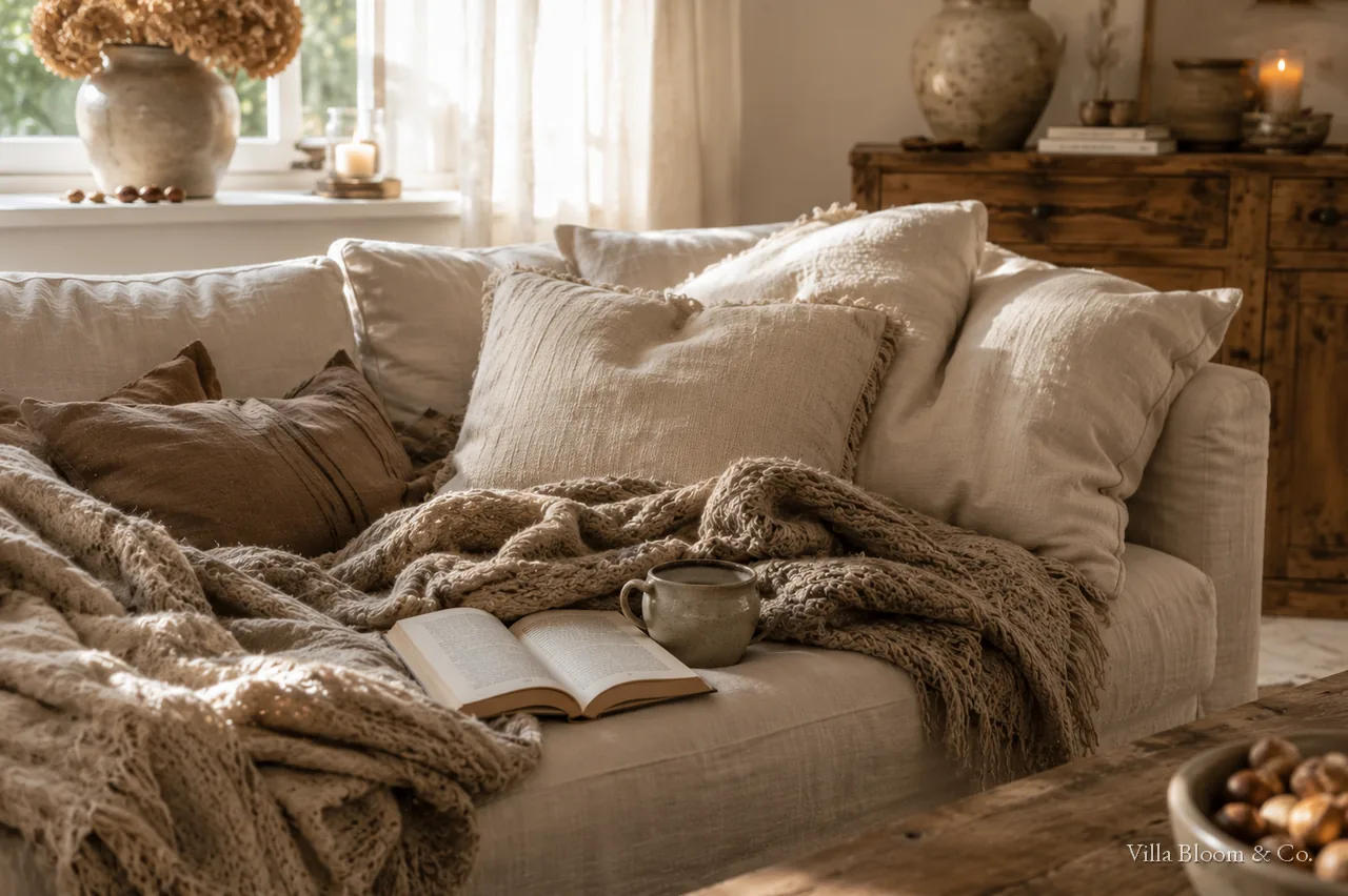 Wolldecke und Leinenkissen auf einem Sofa im Landhausstil