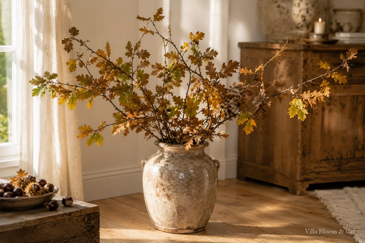 Zweigstrauß aus Herbstästen in einer großen Vase im Landhausstil