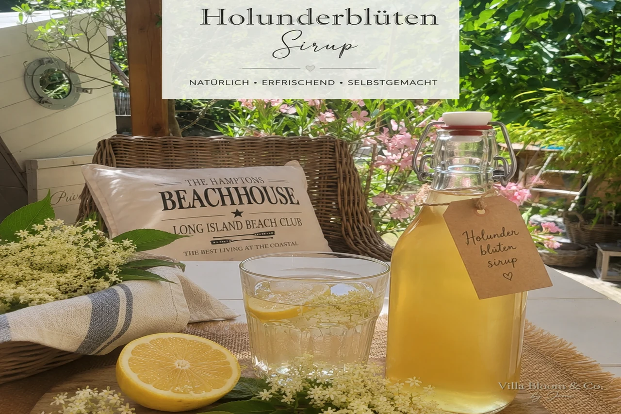 Holunderblütensirup selbstgemacht – Flasche mit Zitronen und frischen Holunderblüten