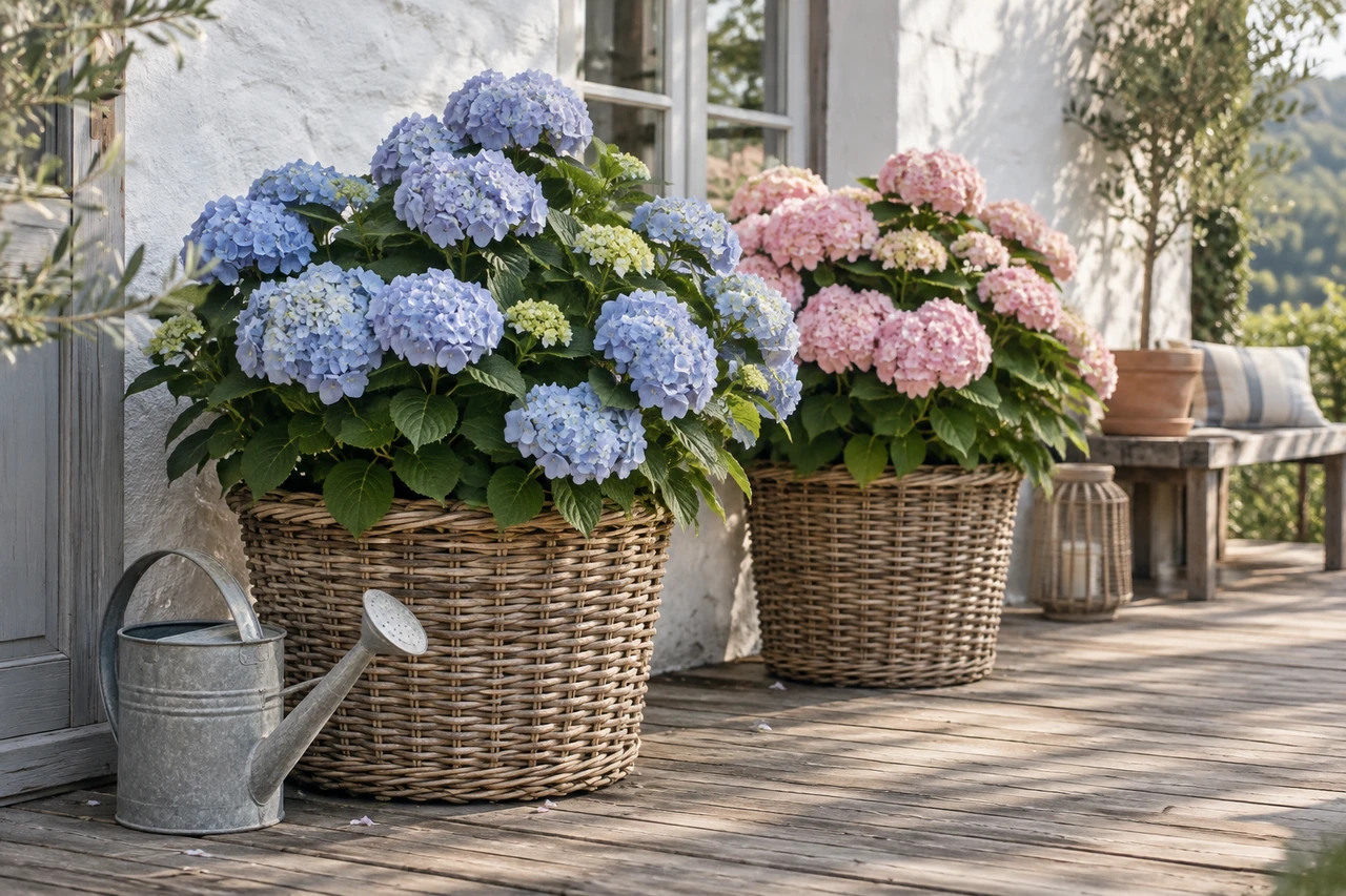 Blaue und rosa Hortensien in Rattankörben auf einer Holzterrasse an einer weiß gekalkten Wand