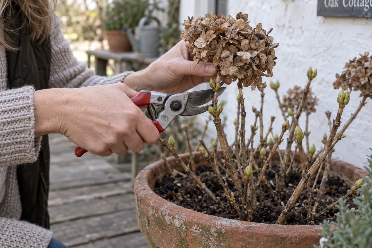 Hände setzen eine Gartenschere direkt unter dem vertrockneten Blütenkopf einer Hortensie im Terrakottatopf an, darunter dicke grüne Knospen