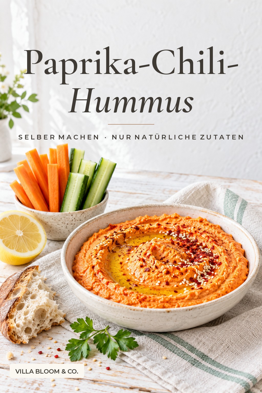 Roasted pepper chili hummus in a ceramic bowl with vegetable sticks, lemon and bread – roasted pepper chili hummus, only natural ingredients