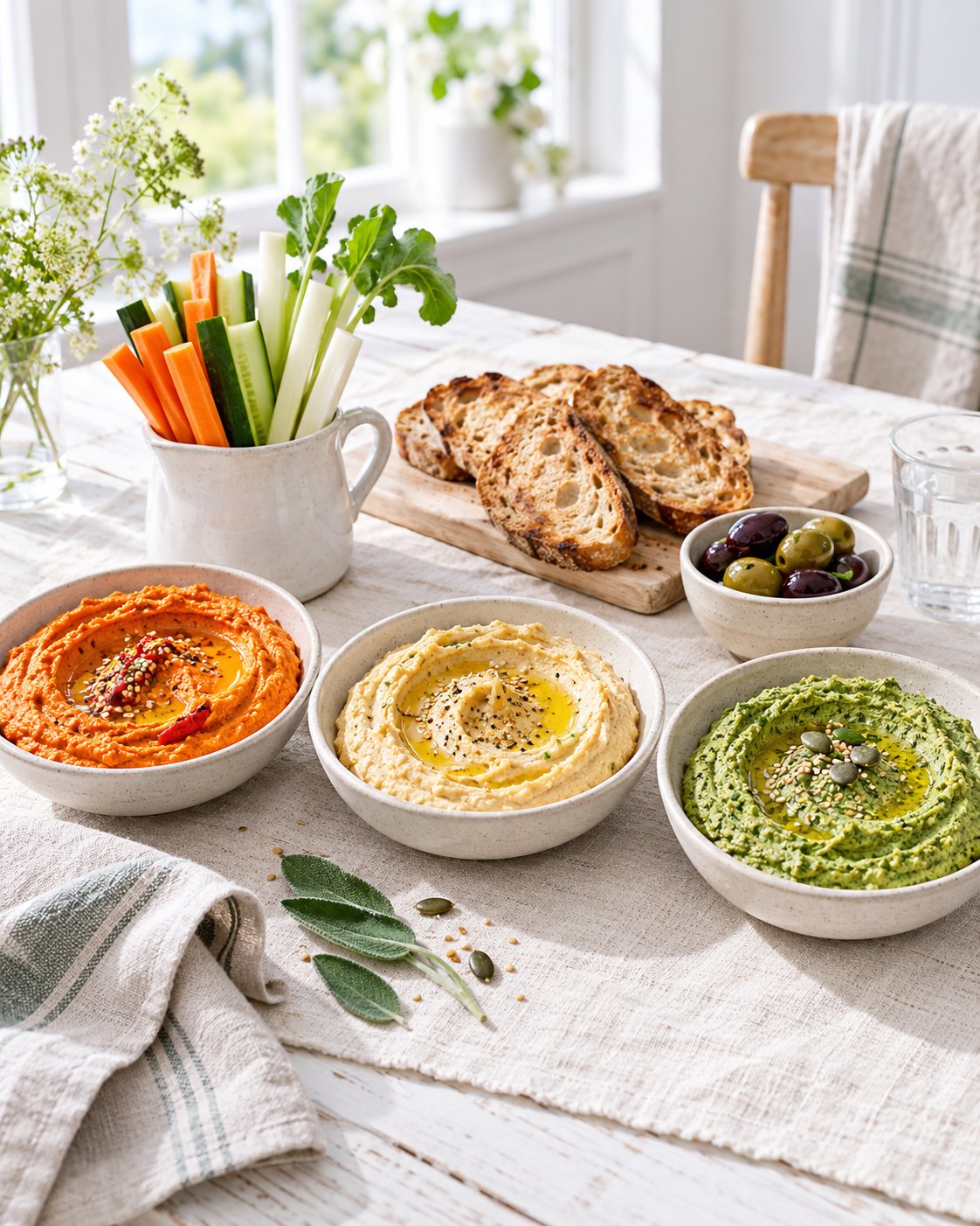 Three bowls of hummus in orange, beige and green with vegetable sticks, bread and olives on a pale linen cloth, daylight through a cottage window