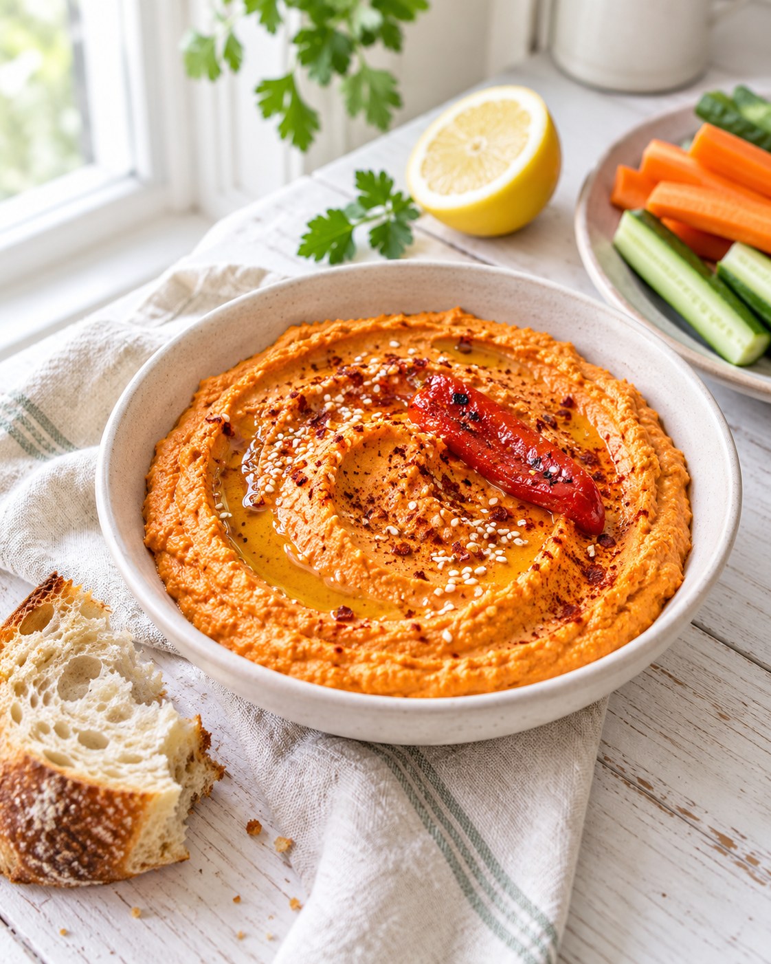 Schale mit orangefarbenem Paprika-Chili-Hummus, Öl, Sesam und einem Streifen gerösteter Paprika