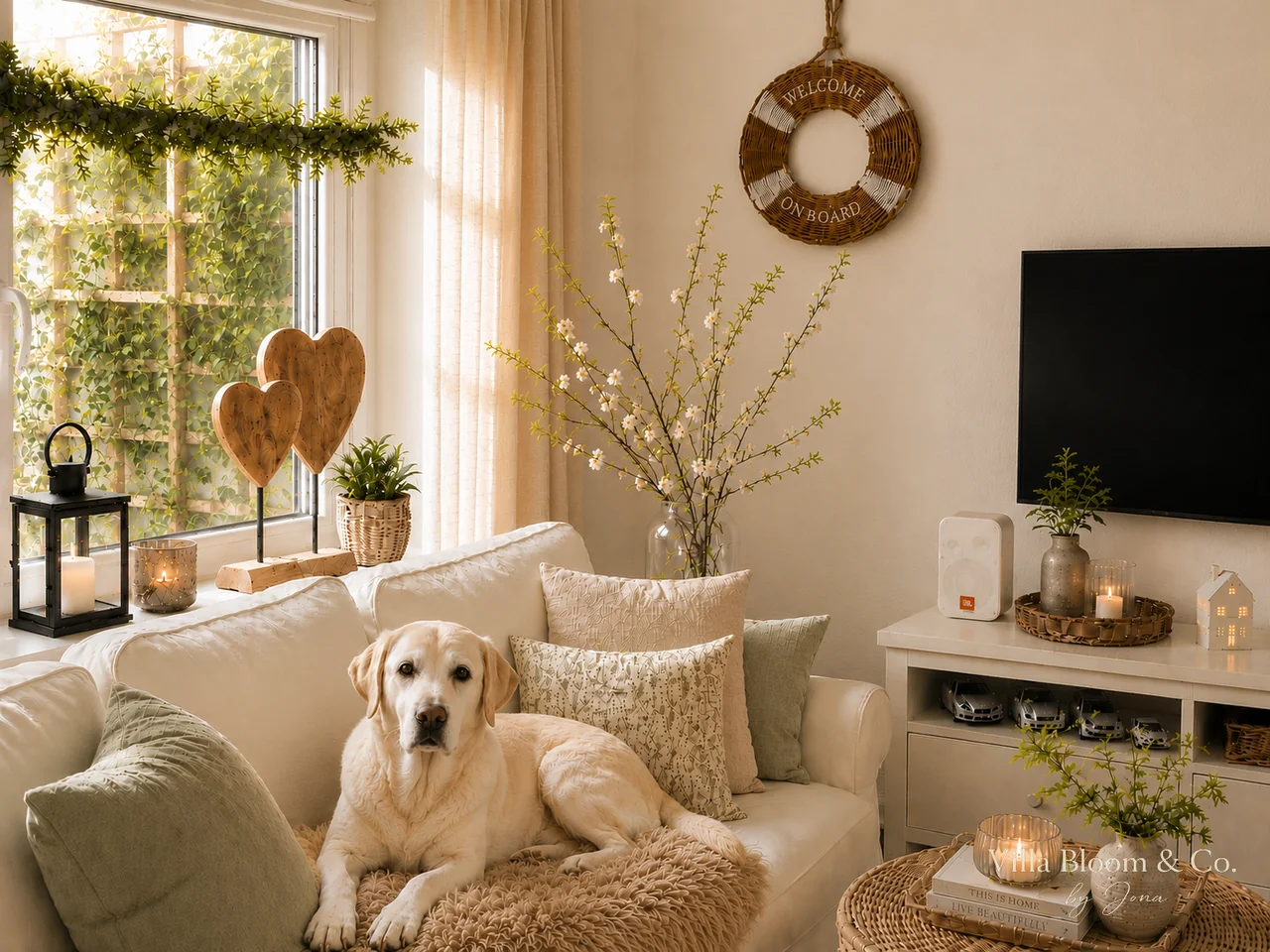 Dog on a cream-coloured sofa in a cosy living room