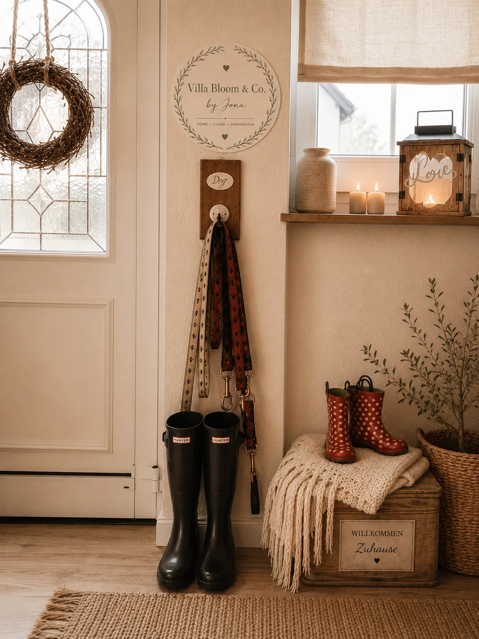 Entrance area with dog leashes on a row of hooks, rubber boots and a jute rug