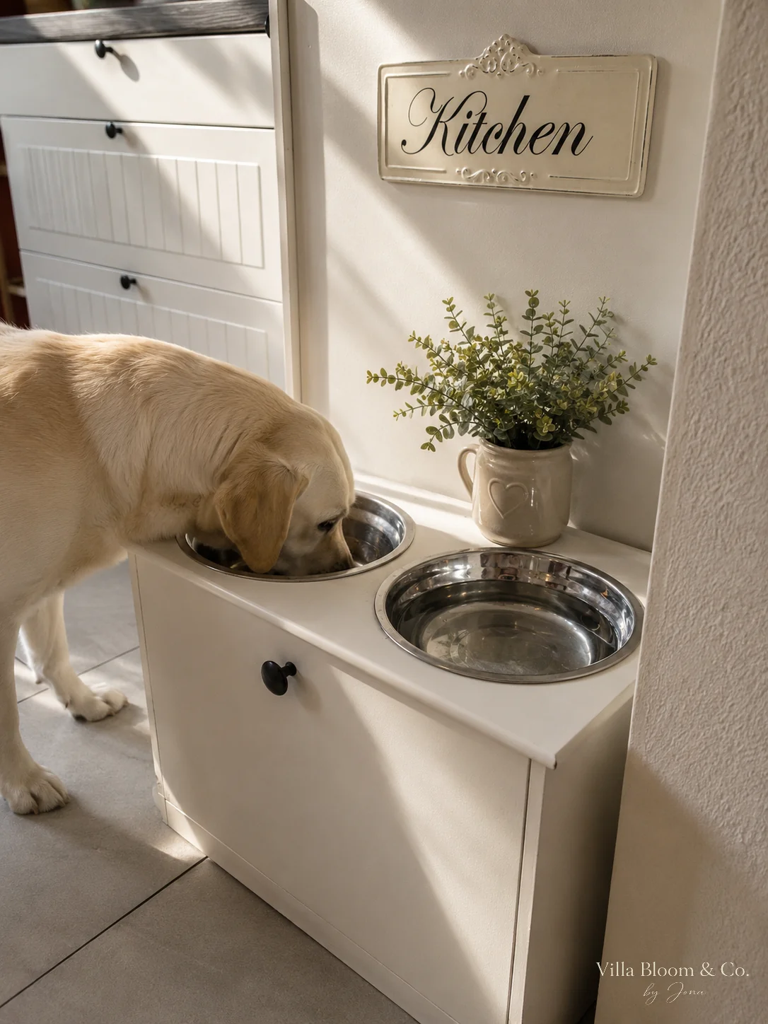 Hund frisst aus einer Edelstahlschüssel an einer cremefarbenen Futterstation im Landhausstil mit Kitchen-Schild und Eukalyptus