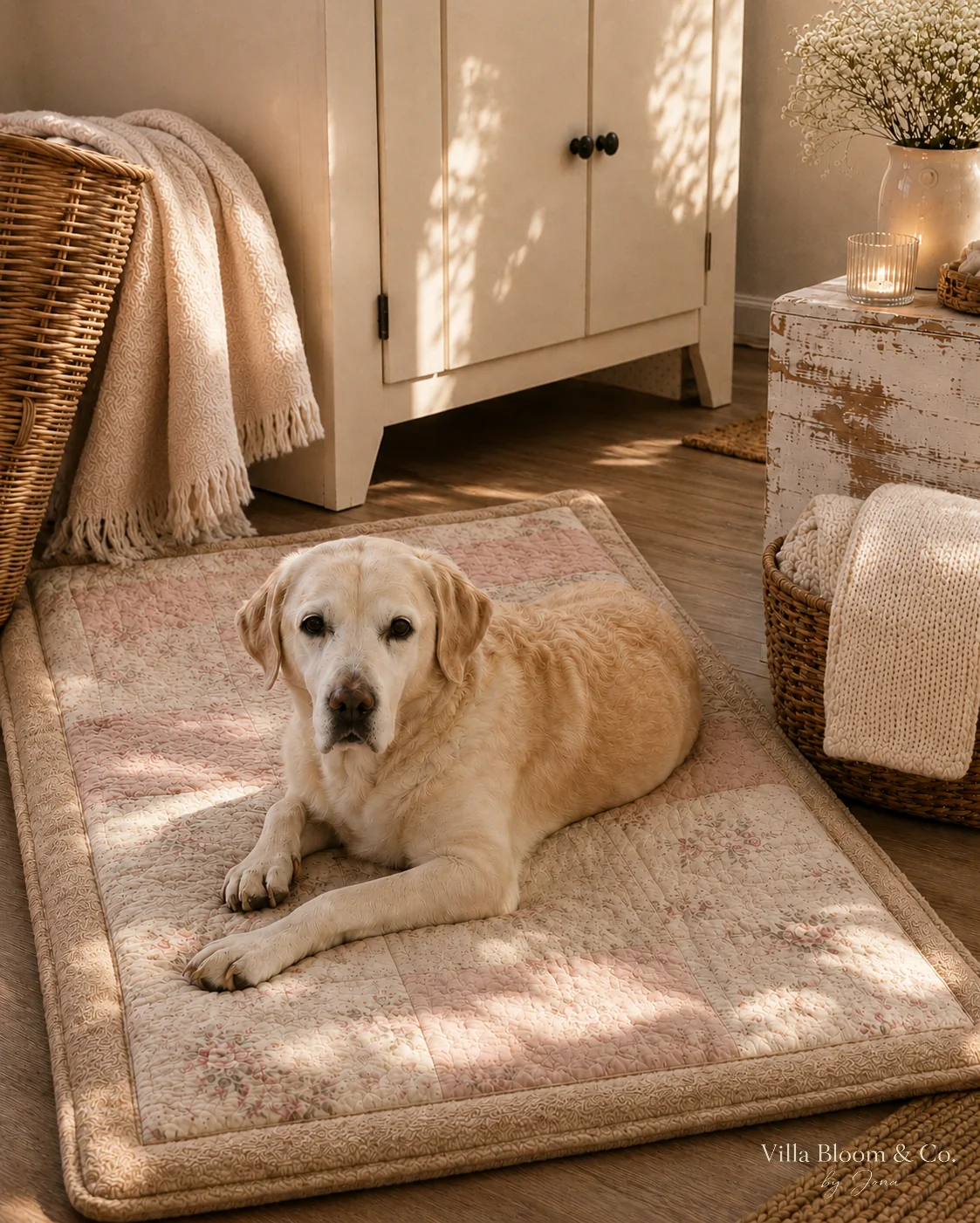 Dog resting on a cosy country-style dog mat next to a cream cabinet