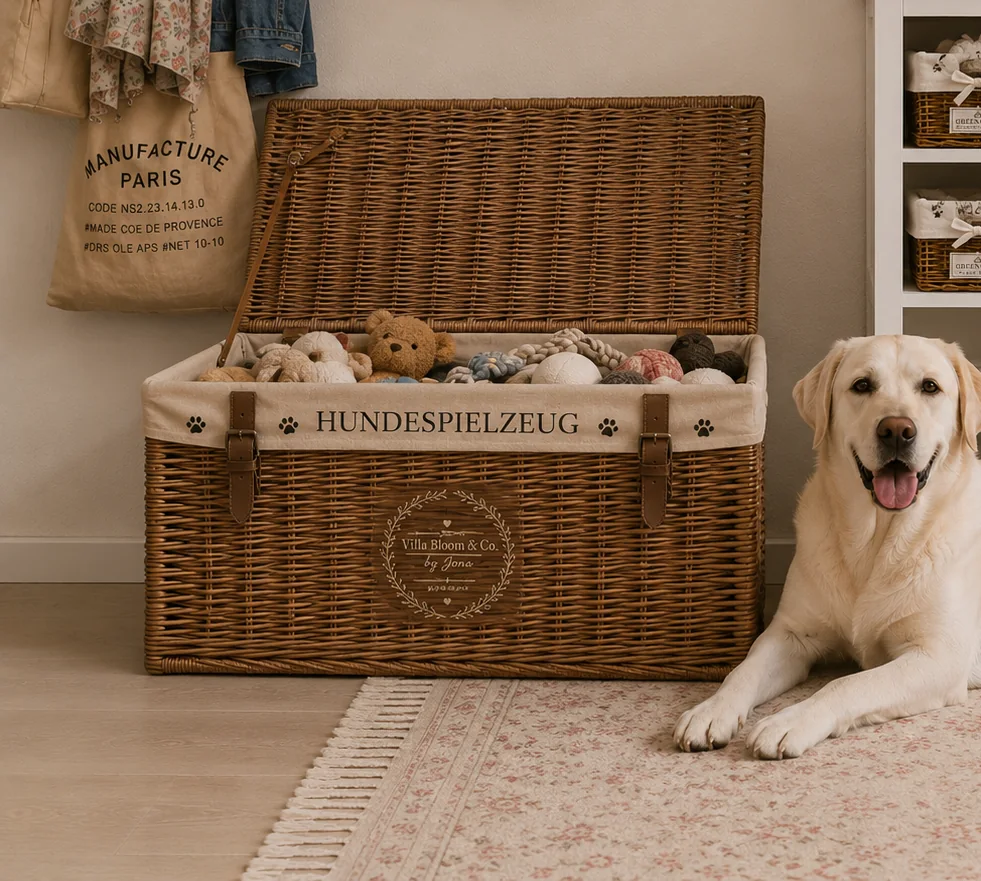 Wicker chest labelled dog toys, full of toys, with a dog lying beside it