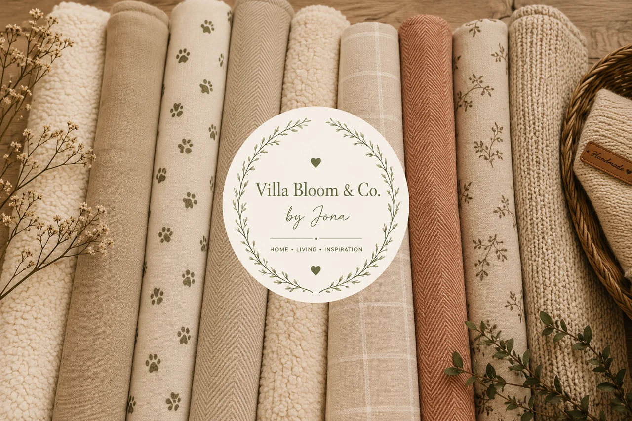 Hard-wearing fabrics and blankets in natural tones, some with a paw print pattern