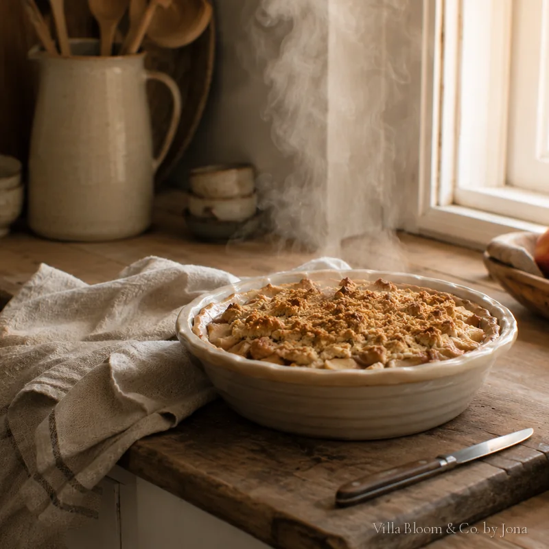 Dampfender Apfel-Crumble in einer Keramikform mit Äpfeln am Küchenfenster