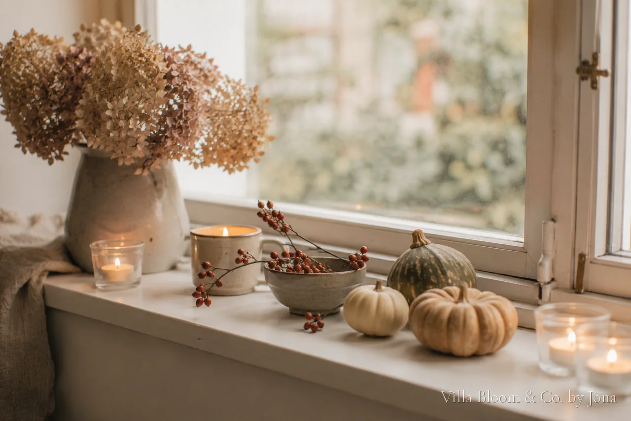 Herbstliche Fensterbank mit Kürbissen, getrockneten Hortensien, Beeren und Kerzen