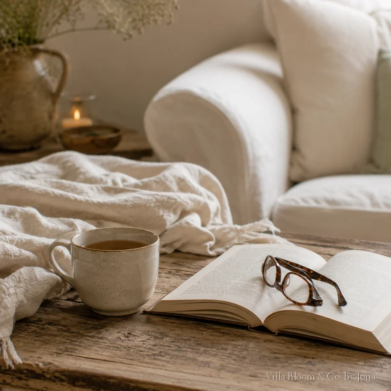 Tee, ein aufgeschlagenes Buch und eine Leinendecke auf rustikalem Holztisch