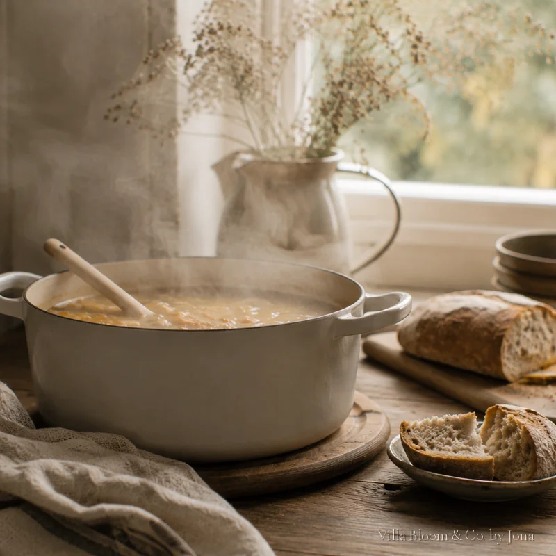 Dampfende Suppe in einem weißen Topf mit frischem Brot am Fenster