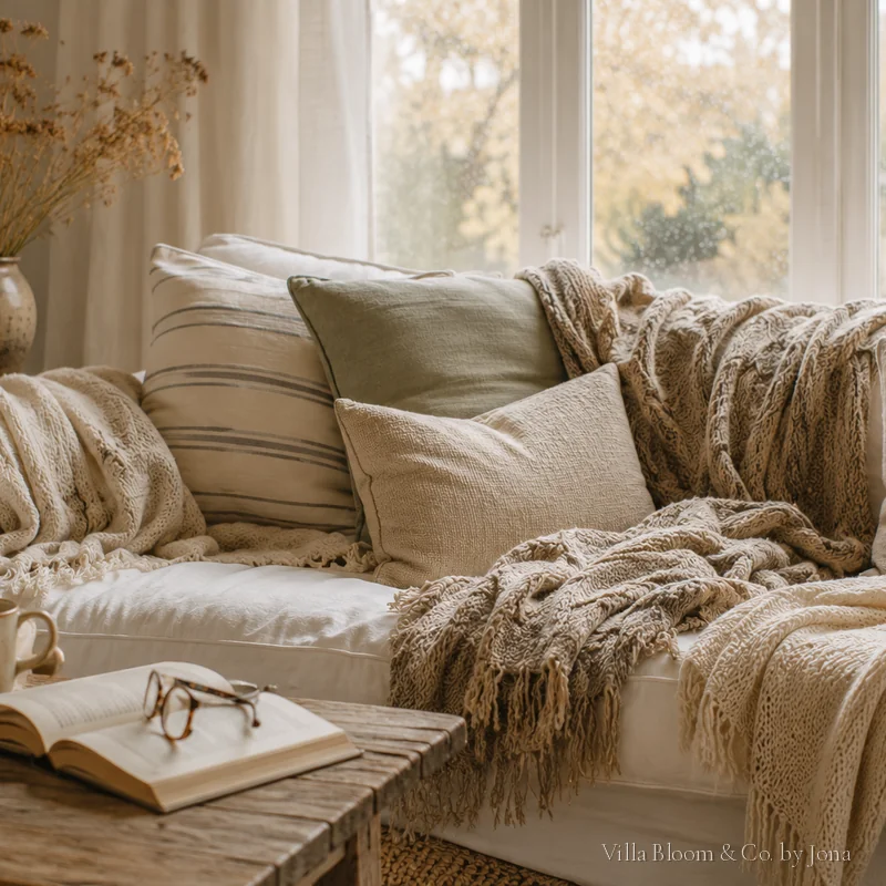 Sofa mit dicken Strickdecken und Kissen in warmen Herbsttönen