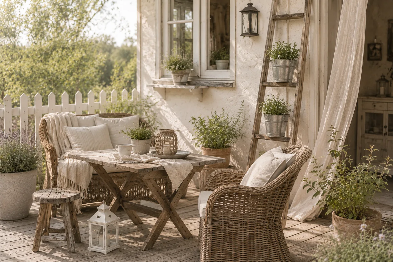Kleine Terrasse am Gartenhäuschen im Landhausstil – gemütliche Korbmöbel-Sitzecke