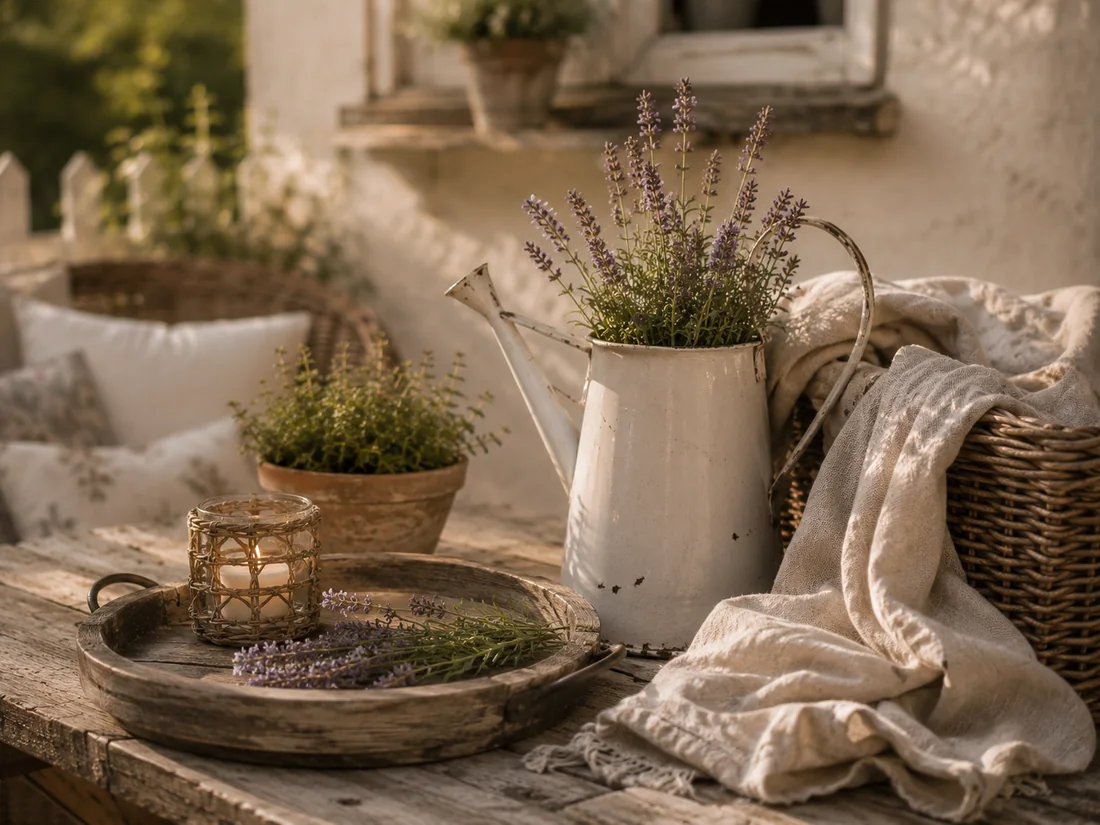 Lavendel in einer weißen Emaille-Kanne, ein Kräutertopf und ein Holztablett mit Kerze auf dem Terrassentisch am Gartenhäuschen