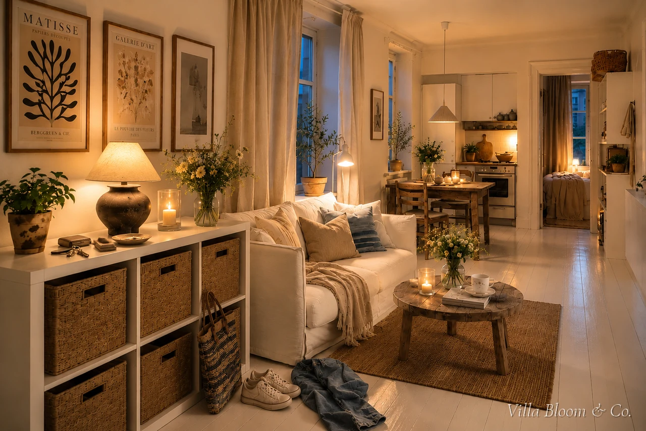 Kleines Wohnzimmer in warmer Abendstimmung mit mehreren kleinen Lampen
