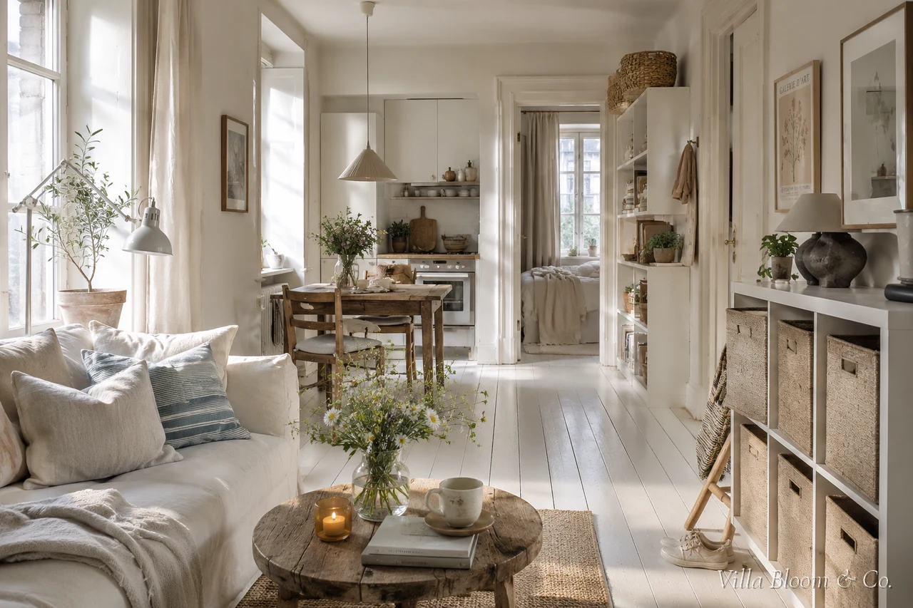 Helles Wohnzimmer mit Leinensofa, Kallax-Regal und Fenster im Morgenlicht