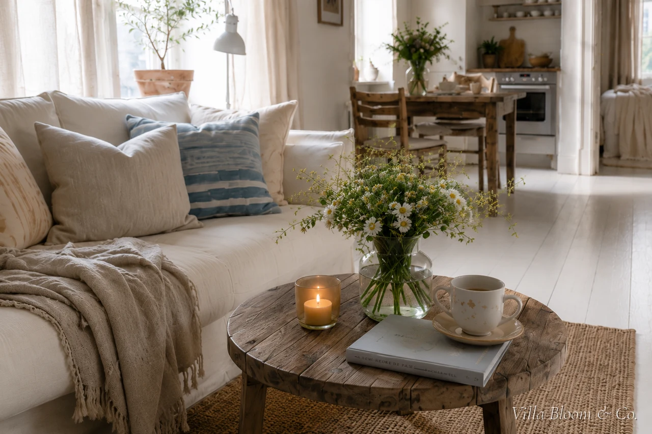 Detail eines Leinensofas mit Kissen, Decke und Buch im kleinen Wohnzimmer