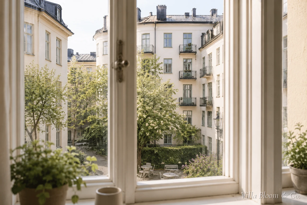Fenster mit Kräutern auf der Fensterbank und Blick in einen grünen Stockholmer Innenhof