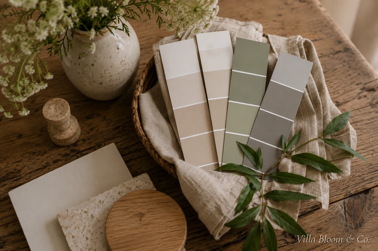 Farbmuster für kleine Räume in einem Korb: Warmweiß, Beige, Salbeigrün und warmes Grau mit Leinen und Naturmaterialien