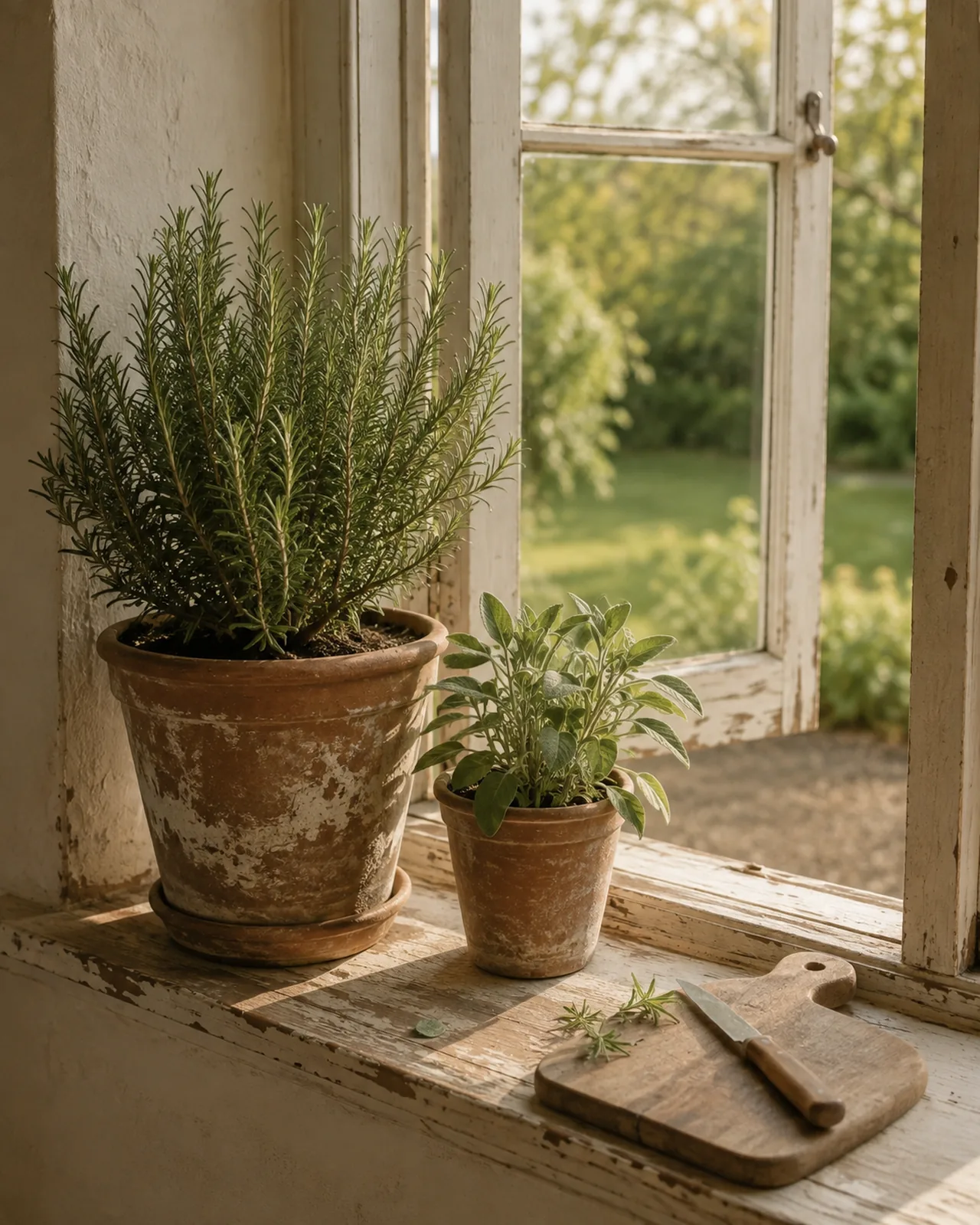 Kräutertöpfe aus Terrakotta mit Rosmarin und Salbei auf der Küchenfensterbank im September