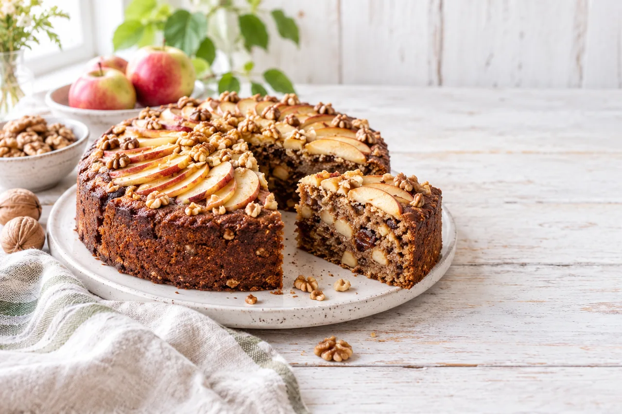 Apfel-Walnuss-Kuchen mit Apfelspalten und Walnüssen auf hellem Holztisch im Tageslicht